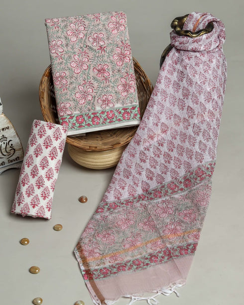 Floral Jaal Hand Block Print Cotton Suit Set with Kota Doria Dupatta (3CKD58)